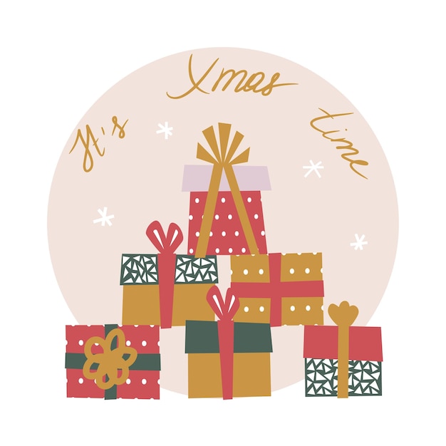 Regalos apilados en un árbol de Navidad Ilustración vectorial con texto Es la tarjeta de Navidad