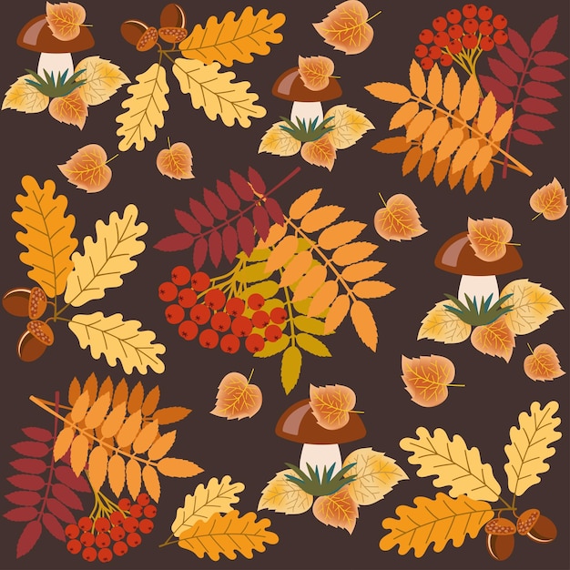 regalos del bosque, hojas de otoño brillantes y bayas de serbal, bellotas, champiñones blancos, patrones sin fisuras de otoño