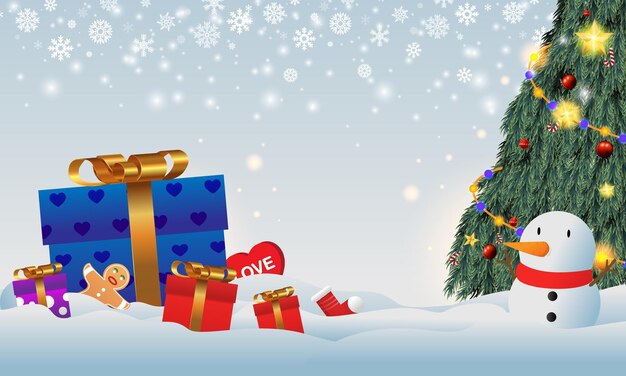 Regalos colocados debajo del árbol de Navidad Regalo de Papá Noel en la nieve