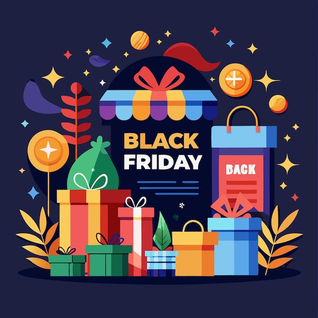 Regalos coloridos y bolsas de compras en un fondo oscuro para la venta del Viernes Negro