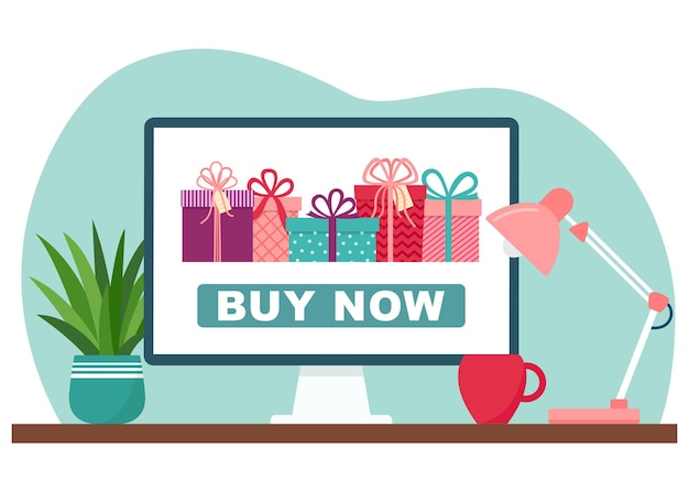 Regalos de compras en línea, pantalla de computadora con regalos, ilustración vectorial