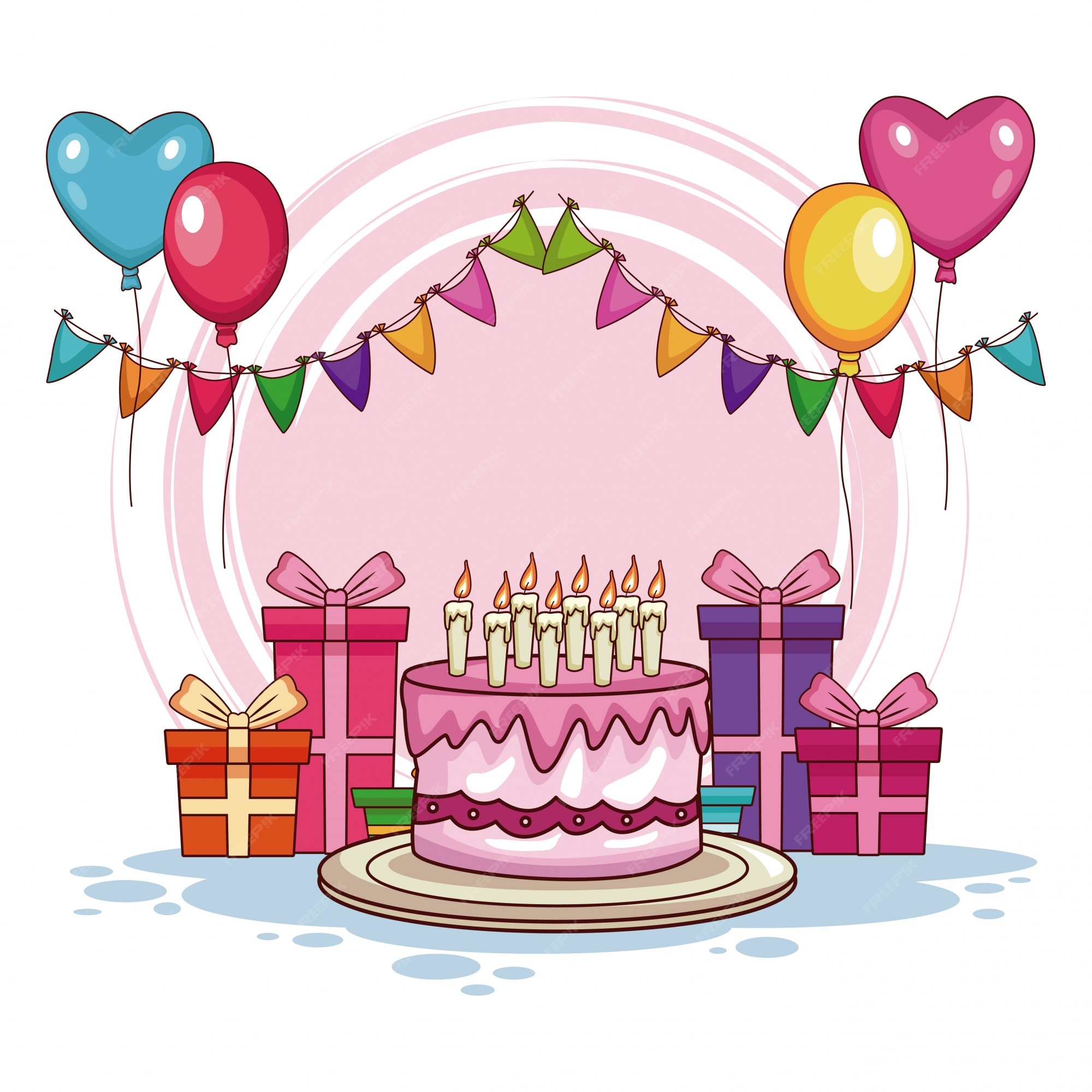 Regalos de cumpleaños y pastel con globos | Vector Premium