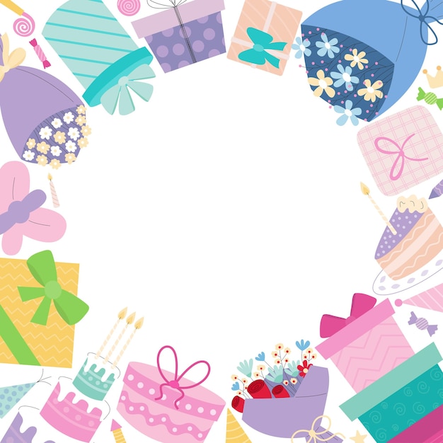 Regalos de cumpleaños y ramos de flores marco vectorial
