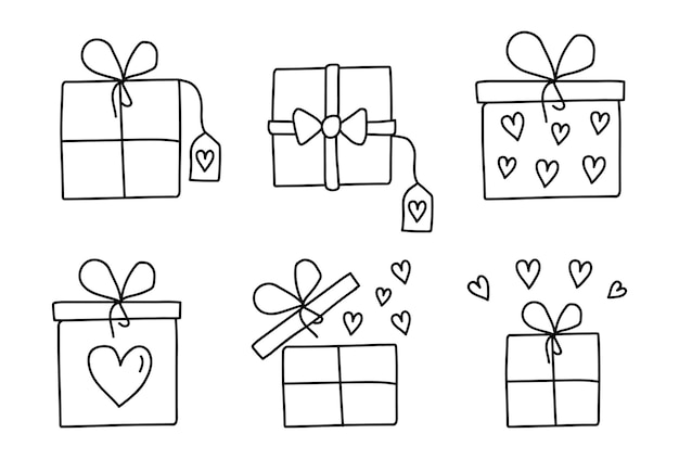 Regalos para el Día de San Valentín39s Iconos de cajas de regalos dibujados a mano Vector