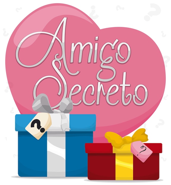 Vector regalos con etiquetas decoradas con símbolo de pregunta para el juego del amigo secreto durante el día del amor y la amistad