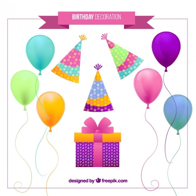 Regalos, gorros y globos de cumpleaños