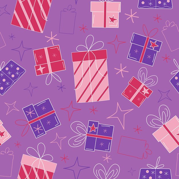 Regalos de Navidad y Año Nuevo Vector patrón sin costura Cajas con regalos y copos de nieve y estrellas