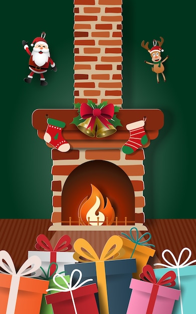 Vector regalos de navidad con chimenea en casa.