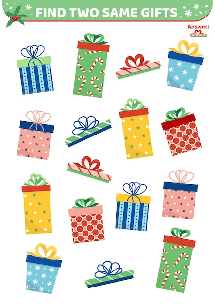 Regalos de Navidad Encuentra dos imágenes iguales Juego para niños Vector de dibujos animados plana