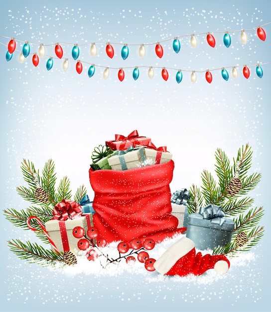 Regalos de navidad con una guirnalda y un saco lleno de cajas de regalo.