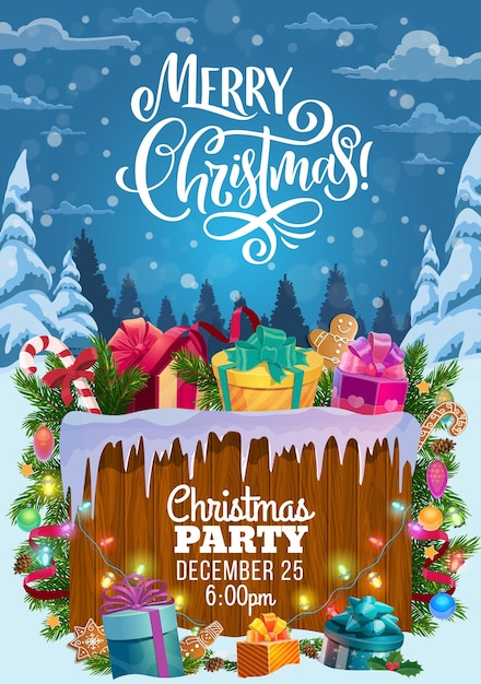 Regalos de Navidad en la invitación de fiesta de Navidad de nieve