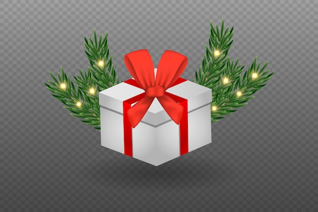 Regalos de Navidad en una rama de pino en un fondo transparente