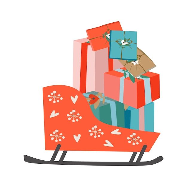 Regalos de Navidad en un trineo. ilustración vectorial