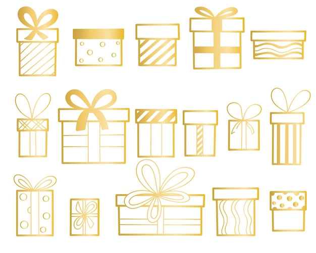 Regalos de oro conjunto aislado vector ilustración Colección regalo cajas doradas Hermosa sorpresa festiva
