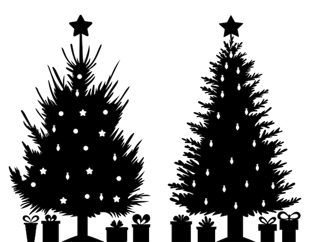 Regalos de silueta y diseño de árbol de navidad vector aislado