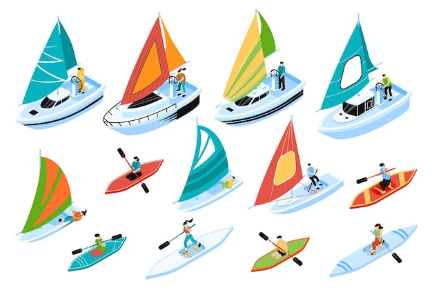 Regata 3d isométrico mega conjunto en isometría diseño gráfico Colección de elementos de diferentes tipos veleros deportivos barcos a motor yates tablas de surf tablas de windsurf otras ilustraciones vectoriales