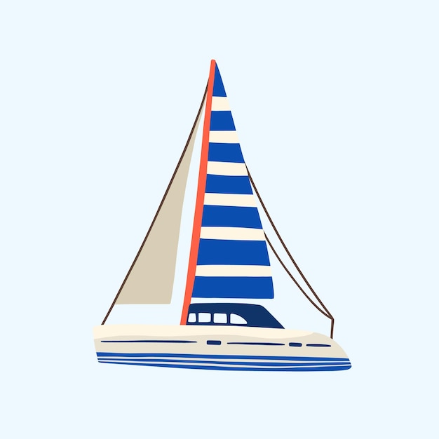 Regata, yate o velero marino navegando en el mar o el océano con velas a rayas minimalistas. vacacional o marítimo. ilustración simple de dibujos animados de vector plano aislado sobre fondo azul.