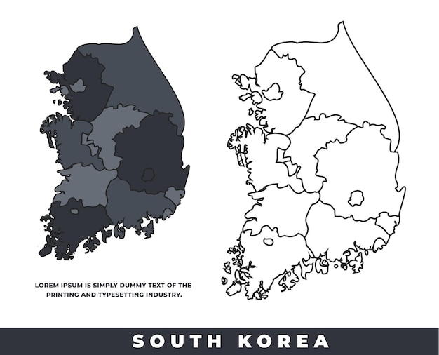 Regiones políticas de Corea del Sur conjunto de mapas de contorno de color negro