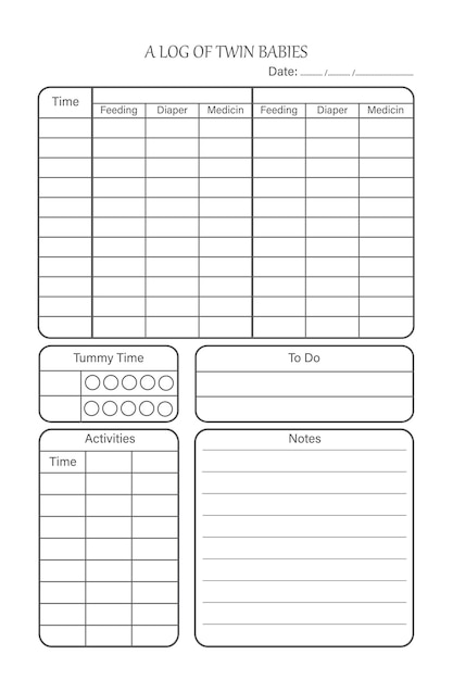 Vector registro de alimentación y pañales para bebés para el manuscrito twin mama, tamaño 6 x 9 pulgadas