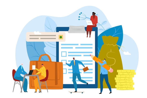 Registro de empresa para la ilustración de vector de concepto de negocio Hombre mujer personas carácter trabajo en equipo profesional de oficina cerca de tableta enorme