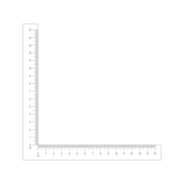 Regla angular de 15 centímetros aislada sobre fondo blanco herramienta de medición con líneas verticales y horizontales con marcaje en cm y mm y números