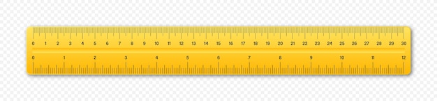 Regla de plástico realista con escala de medición y divisiones marcas de medida Regla escolar escala de centímetros y pulgadas para medir la longitud Suministros de oficina Ilustración vectorial