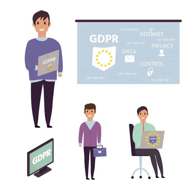 Reglamento general europeo de protección de datos. Concepto de GDPR con carácter. Normas e ideas generales de protección y control de datos personales. Ilustración vectorial.