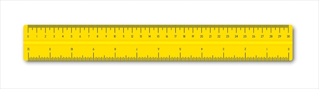 Reglas amarillas y transparentes. escala de medición en cm y pulgadas. 30 cm y 12 pulgadas. eps vectoriales 10