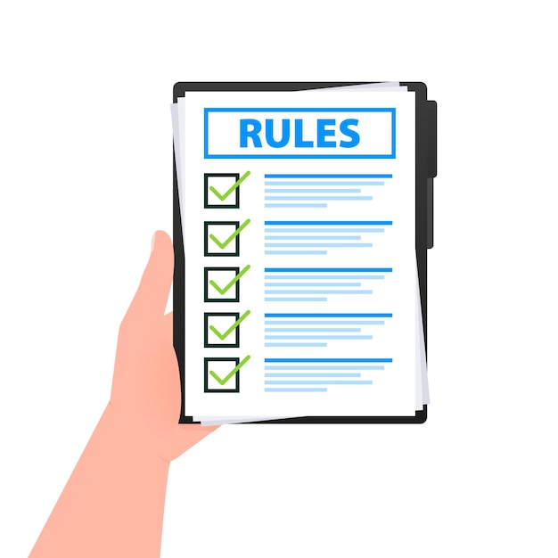 Reglas Lista de verificación con requisitos Principios y estrategia Ilustración vectorial