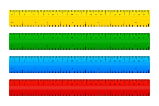 Reglas de plástico en pulgadas y métricas en diferentes colores Escala de medición en centímetros y pulgadas Herramienta de plástico en centímetros de medición Ilustración vectorial