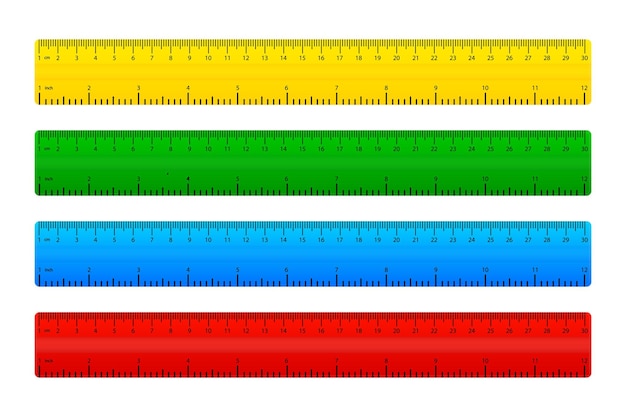 Vector reglas de plástico en pulgadas y métricas en diferentes colores escala de medición en centímetros y pulgadas herramienta de plástico en centímetros de medición ilustración vectorial