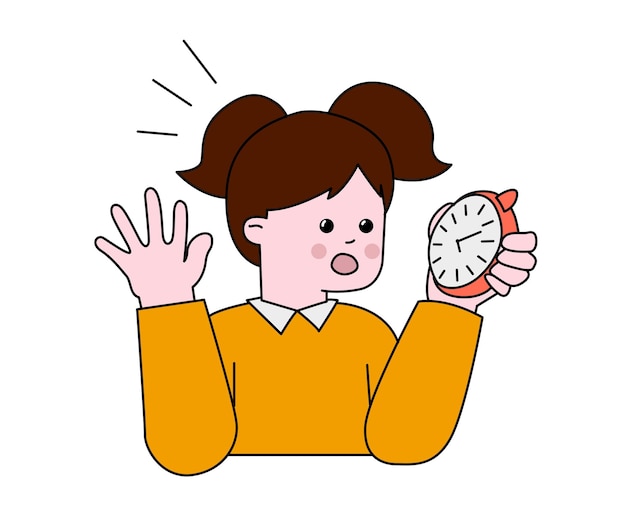 Regreso al concepto simple de niña de la escuela Colegiala sorprendida con relojes Entrenamiento y aprendizaje Niño con mala gestión del tiempo Ilustración de vector plano de dibujos animados aislado sobre fondo blanco