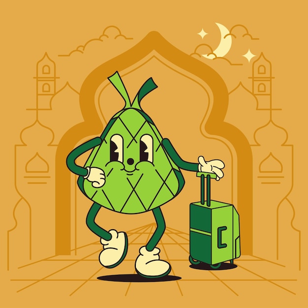 Vector regreso a casa para el eid con la mascota ketupat