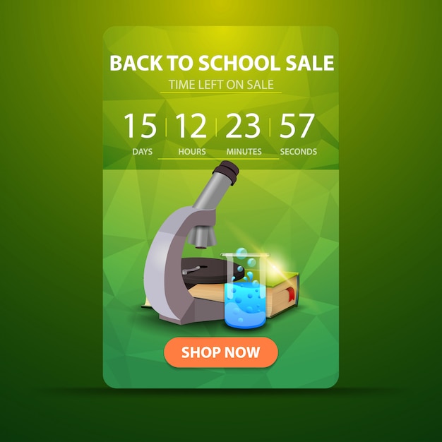 Regreso a la escuela, banner web con cuenta regresiva hasta el final de la venta con microscopio