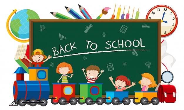 Regreso a la escuela en blacboard con niños en tren