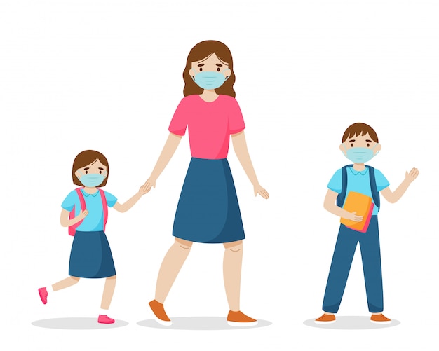 Regreso a la escuela durante el concepto de cuarentena de coronavirus. La madre lleva a los niños a la escuela. Familia con máscaras sanitarias. Aislado sobre fondo blanco