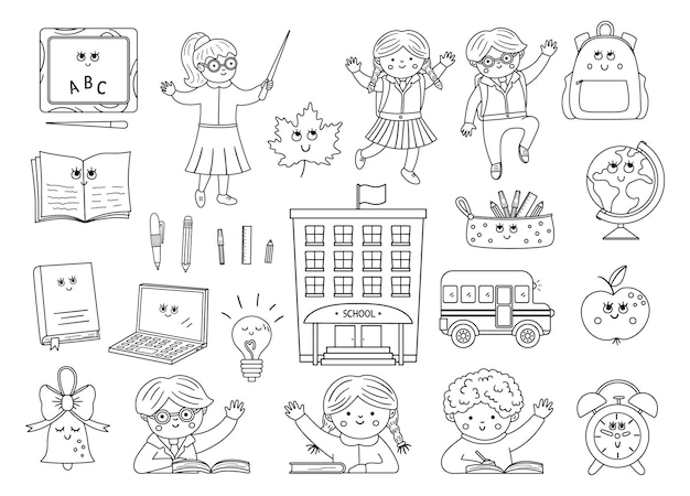 Regreso a la escuela conjunto de elementos de vector kawaii en blanco y negro colección de imágenes prediseñadas educativas con objetos sonrientes de línea linda ilustración de maestro y alumnos de esquema divertido para niñosxa