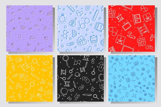 Regreso a la escuela conjunto de patrones sin fisuras Concepto de aprendizaje Fondo con signos escolares Ilustración vectorial textura científica