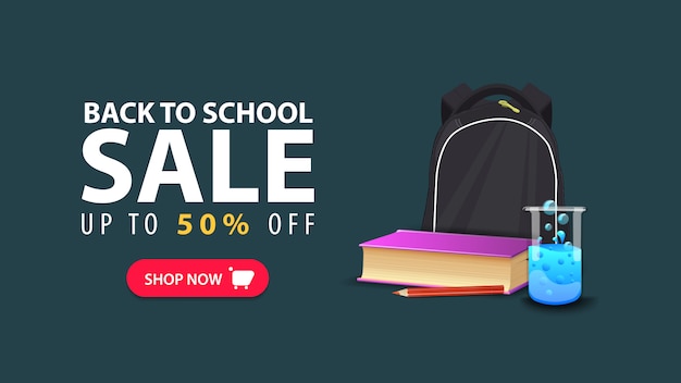 Vector regreso a la escuela, descuento web banner en estilo minimalista con mochila escolar