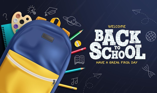 Regreso a la escuela diseño vectorial de texto Bienvenido a la escuela saludo con el color de la mochila del estudiante