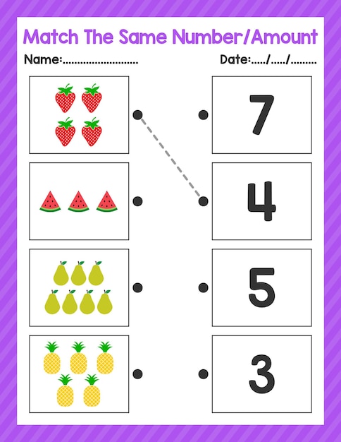 Regreso a la escuela emparejar el mismo número hoja de trabajo de matemáticas para niños en edad preescolar hoja de actividades pre k