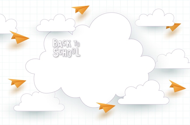 Regreso a la escuela Fondo vectorial de un cuaderno escolar en una jaula con un marco de aviones y nubes