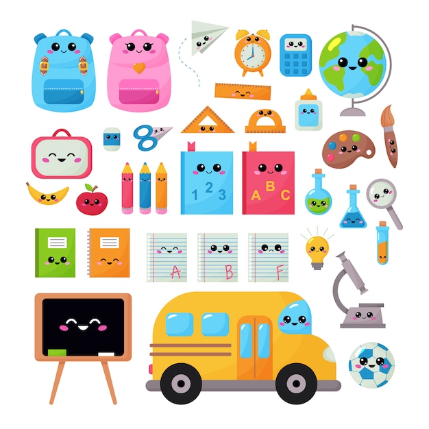 Regreso a la escuela kawaii set para niños. objetos de clipart educativo con cara kawaii.