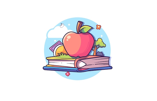 Regreso a la escuela Libro y Apple vector ilustración plana Libros vectoriales con icono plano de manzana