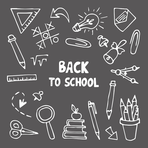 Regreso a la escuela con objetos y útiles escolares aislados en fondo gris oscuro