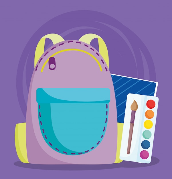 Vector regreso a la escuela, paleta de colores de mochila y cuaderno ilustración de dibujos animados de educación primaria