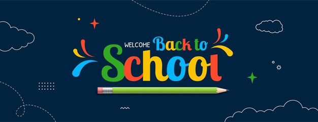 Regreso a la escuela pancarta horizontal con letras coloridas Cursos en línea de aprendizaje y tutoriales
