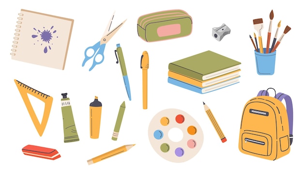 Regreso a la escuela Vector conjunto de útiles escolares Lindos útiles de oficina ilustración dibujada a mano