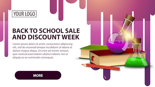 Regreso a la escuela venta y semana de descuento, banner con libros y frascos químicos.