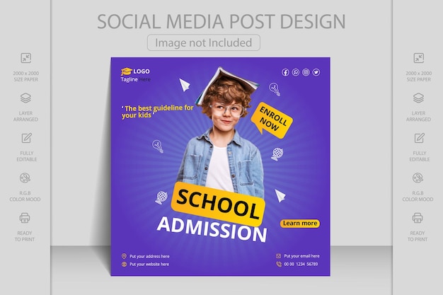 Vector regreso a la publicación de medios sociales de admisión a la escuela o banner web o plantilla de diseño de póster de volante cuadrado.